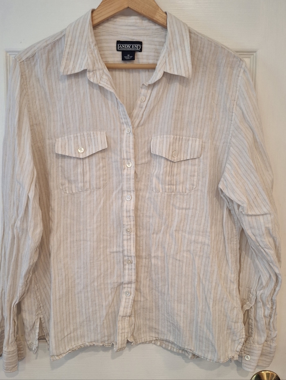Vtg Y2K Lands End Linen Stripe Roll Tab Sleeve Button Down Shirt Womens Sz 18